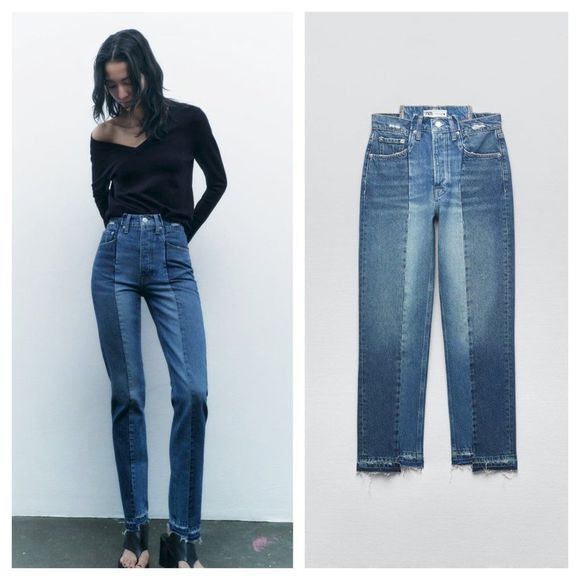 Zara Denim - ZARA CONTRASTING CROPPED STRAIGHT JEANS